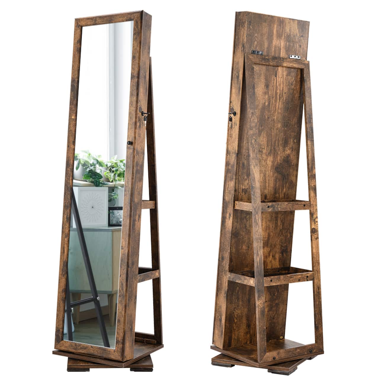 Classic Brown Rotatable 2-in-1 Lockable Jewelry Cabinet
